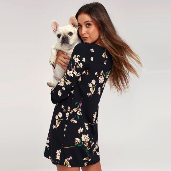 Honey Punch for Lulus Navy Floral Print Long Sleeve Shift Mini Dress NWOT - Picture 6 of 9